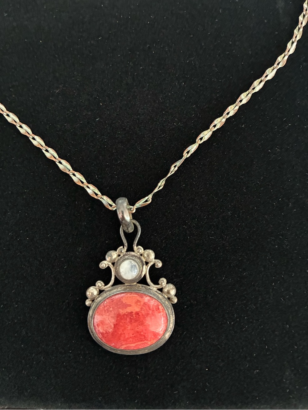 Sterling Silver Red Coral Pendant Necklace with Moonstone Accent